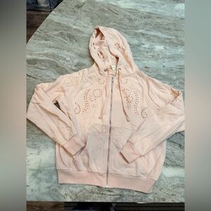 Blush Pink Eyelet Embroidered Zip Hoodie | Size M | Cozy Casual